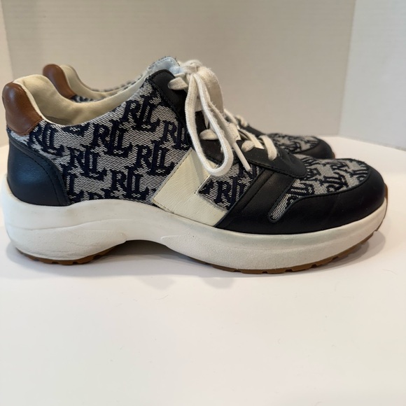 Ralph Lauren Shoes - RL Monogram Navy & White Women's Leather-Trim Sneakers